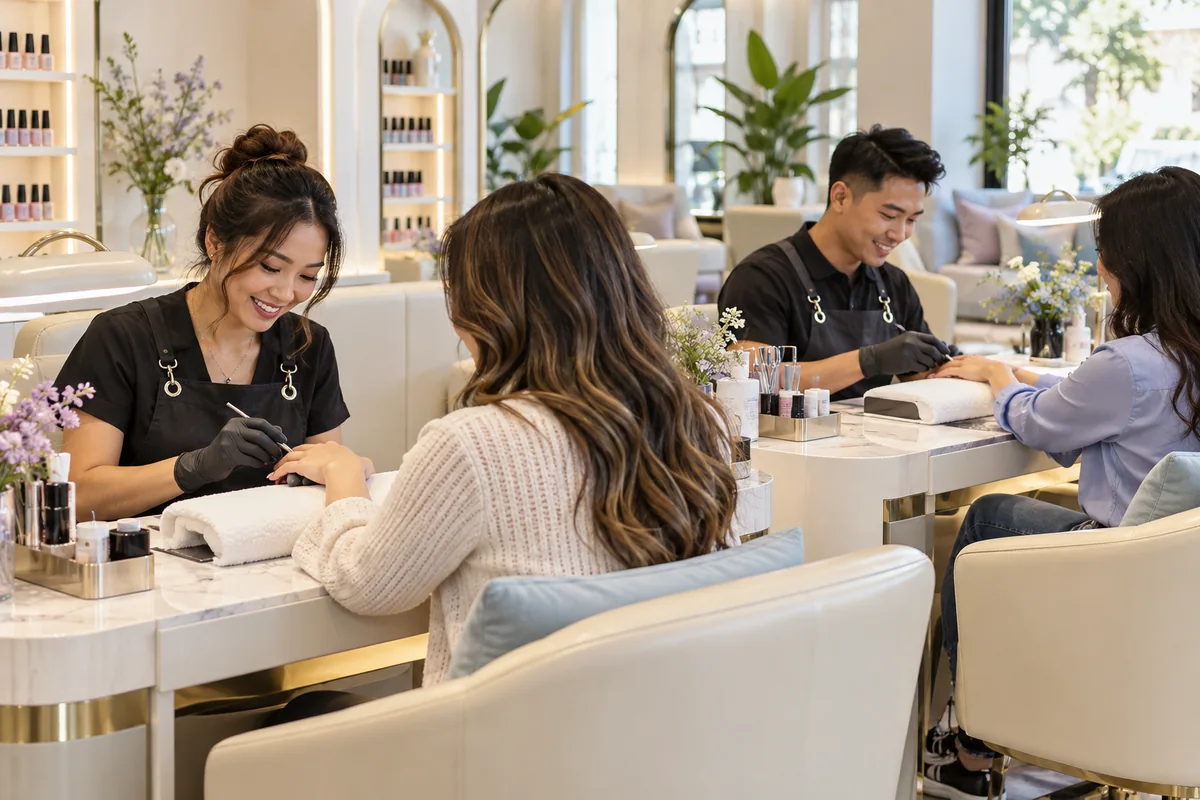 Illustrative salon team serving two clients at manicure stations